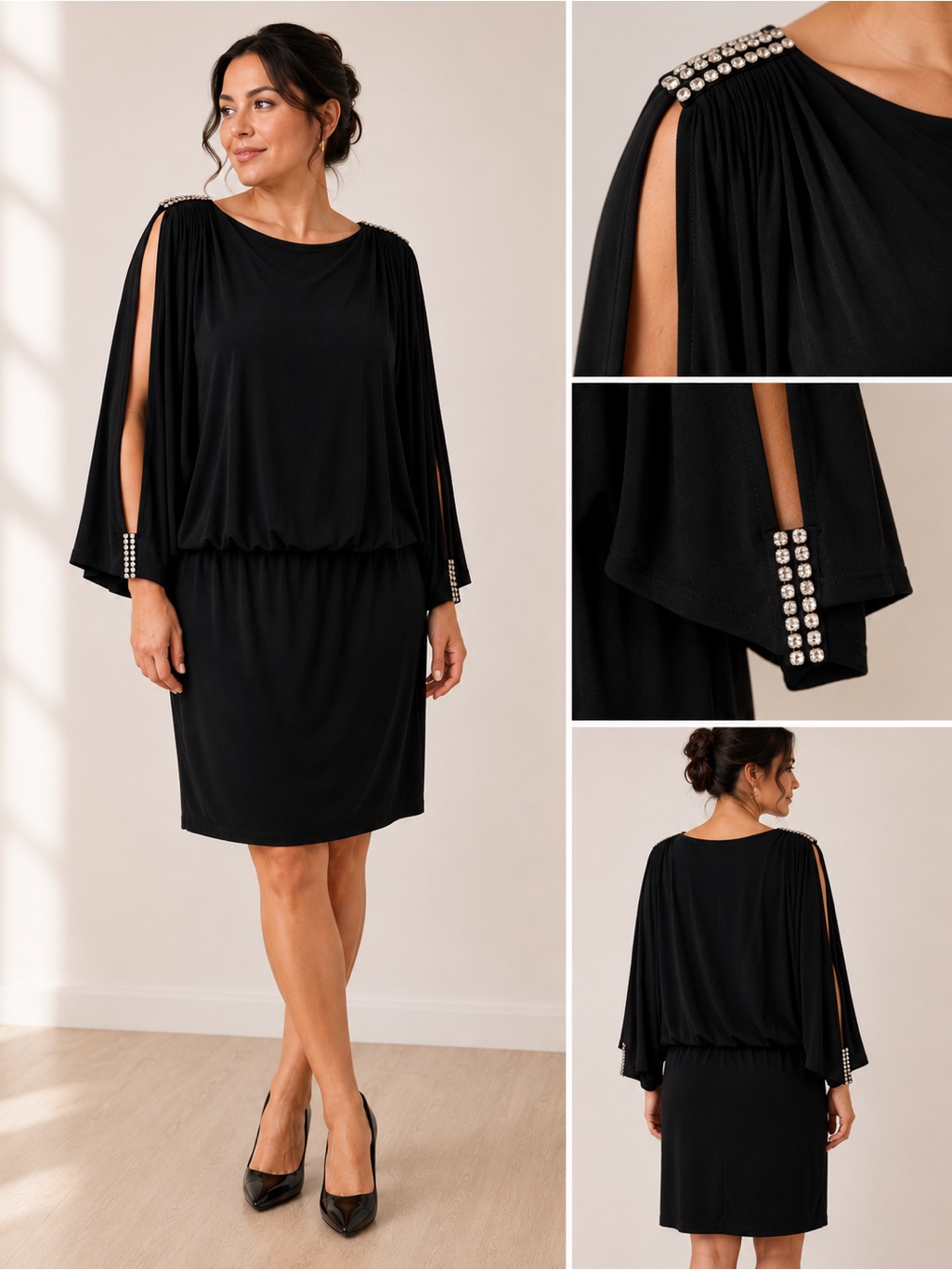 Frank Lyman Black Dress Open Shoulder Bat Sleeve Crystal Embellished Classic 16
